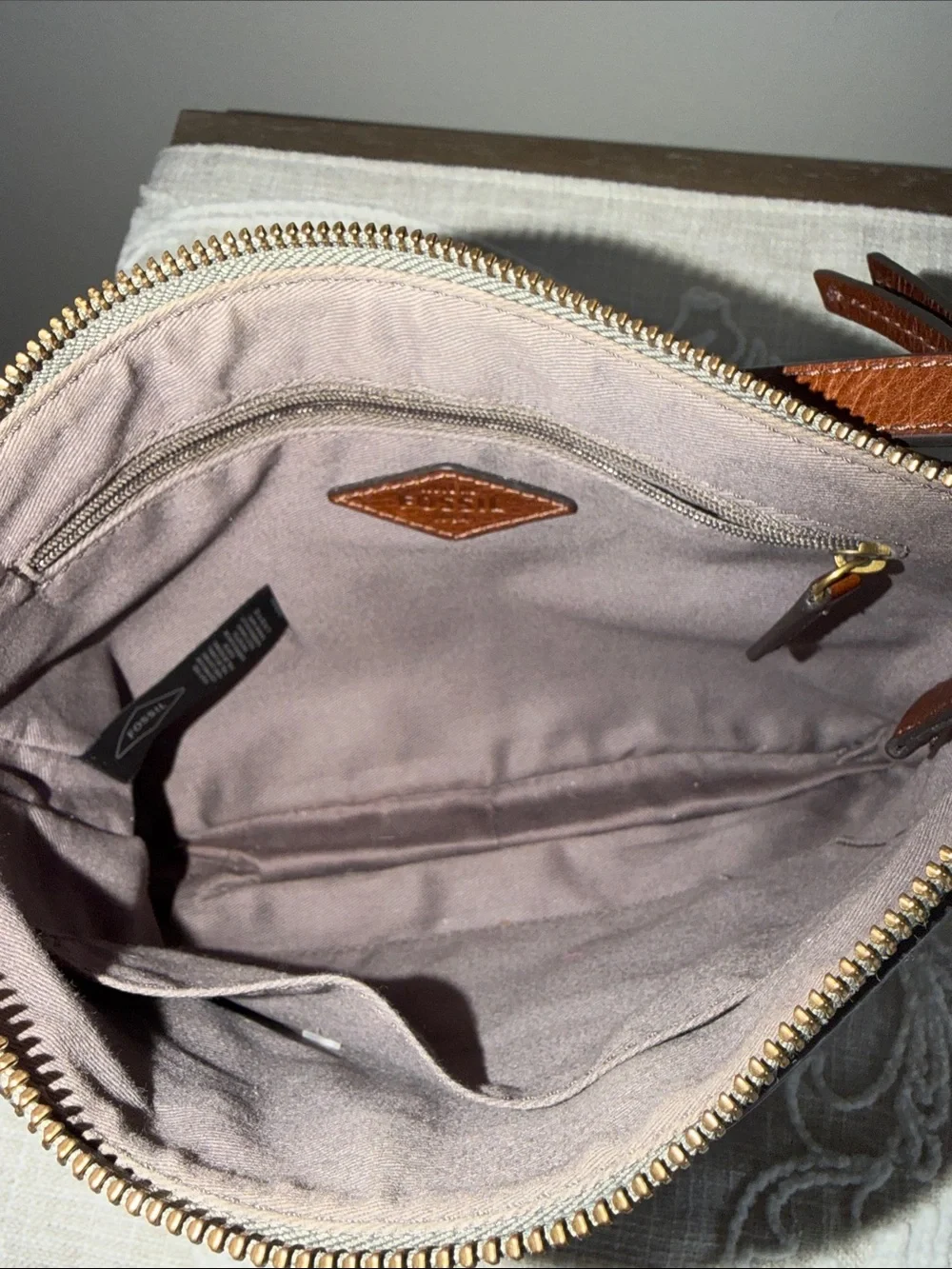 Fossil Two-Tone Fiona Leather Crossbody Bag in Brown and Light Gray